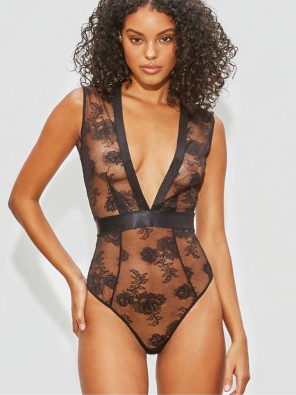 Fleur du Mal Black Bouque Lace Deep V  Bodysuit NWOT